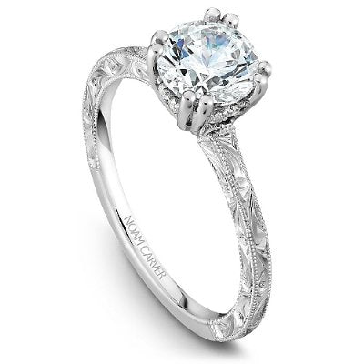 DIAMOND ENGAGEMENT RINGS - 14K White Gold Hand Engraved Engagement Ring