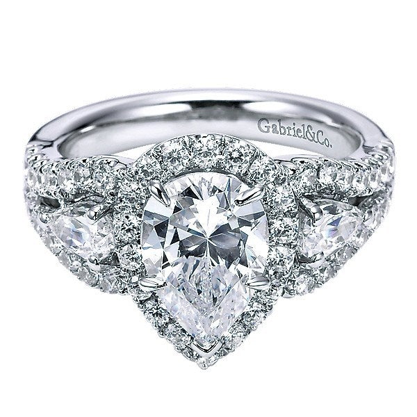DIAMOND ENGAGEMENT RINGS - 14K White Gold Pear Shaped 3-Stone Halo Diamond Engagement Ring
