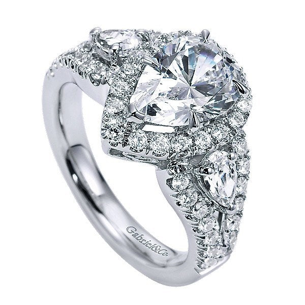 DIAMOND ENGAGEMENT RINGS - 14K White Gold Pear Shaped 3-Stone Halo Diamond Engagement Ring