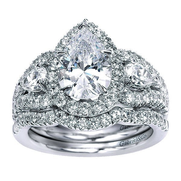DIAMOND ENGAGEMENT RINGS - 14K White Gold Pear Shaped 3-Stone Halo Diamond Engagement Ring