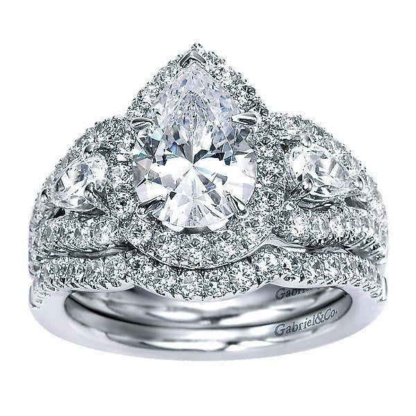 3-Stone Pear Shaped Halo Diamond Ring 1.14cttw 14K White Gold 10