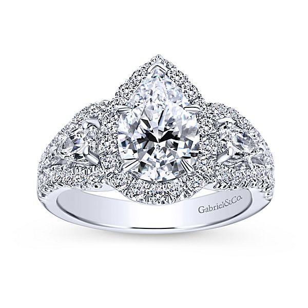 DIAMOND ENGAGEMENT RINGS - 14K White Gold Pear Shaped 3-Stone Halo Diamond Engagement Ring