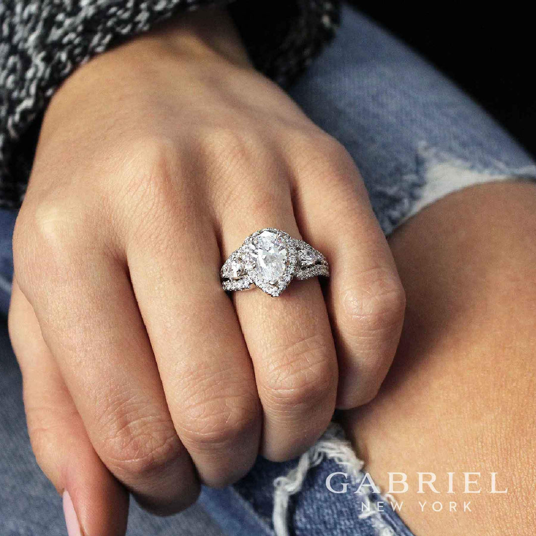 DIAMOND ENGAGEMENT RINGS - 14K White Gold Pear Shaped 3-Stone Halo Diamond Engagement Ring