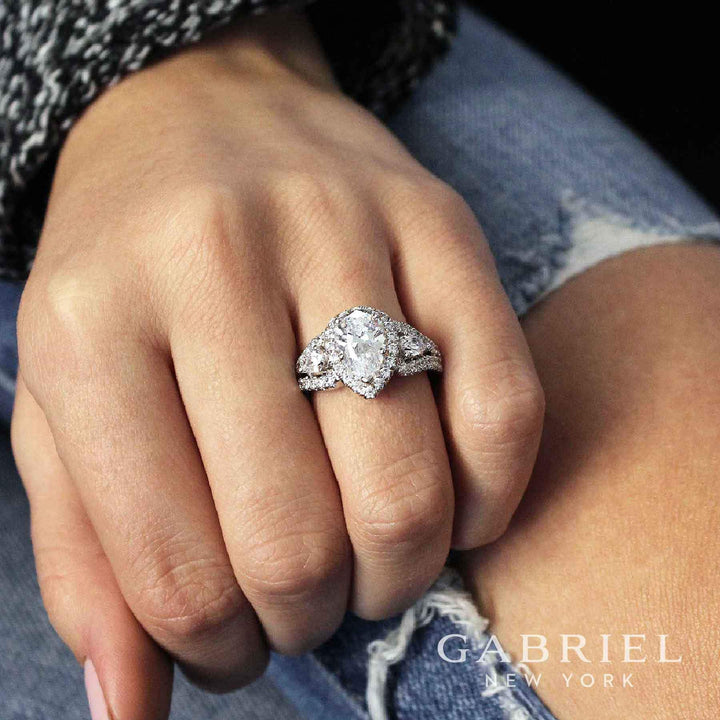 DIAMOND ENGAGEMENT RINGS - 14K White Gold Pear Shaped 3-Stone Halo Diamond Engagement Ring