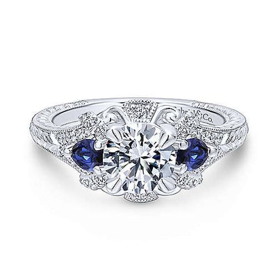 Round Diamond Ring With Sapphire Accents 14K White Gold 496A
