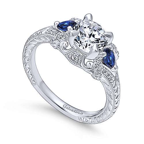 Round Diamond Ring With Sapphire Accents 14K White Gold 496A