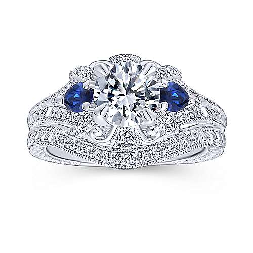 Round Diamond Ring With Sapphire Accents 14K White Gold 496A