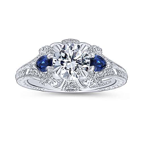 Round Diamond Ring With Sapphire Accents 14K White Gold 496A