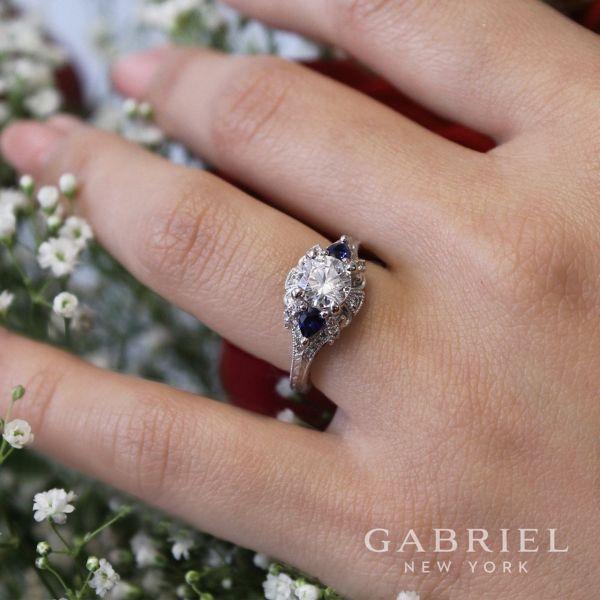 Round Diamond Ring With Sapphire Accents 14K White Gold 496A