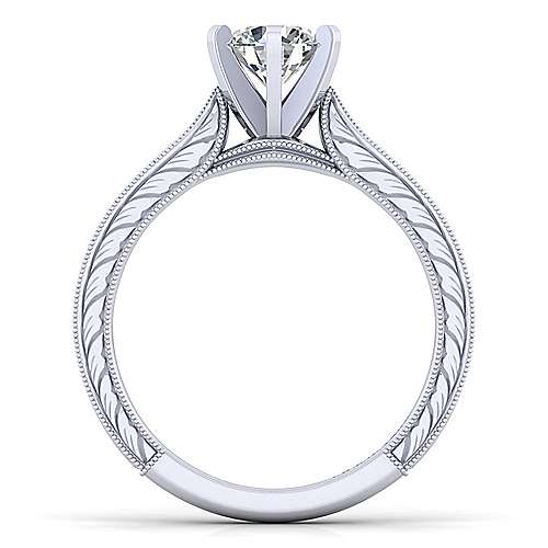 Engraved Shank Round Diamond Ring 14K White Gold 196A