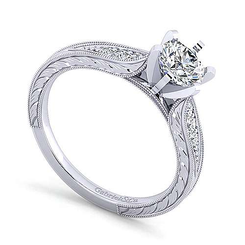 Engraved Shank Round Diamond Ring 14K White Gold 196A