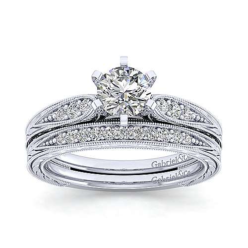 Engraved Shank Round Diamond Ring 14K White Gold 196A