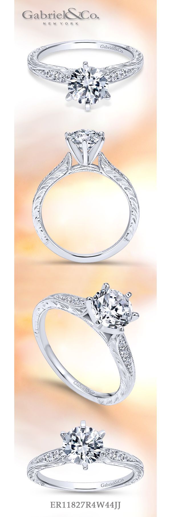 Engraved Shank Round Diamond Ring 14K White Gold 196A