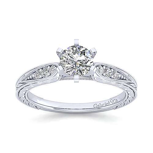Engraved Shank Round Diamond Ring 14K White Gold 196A
