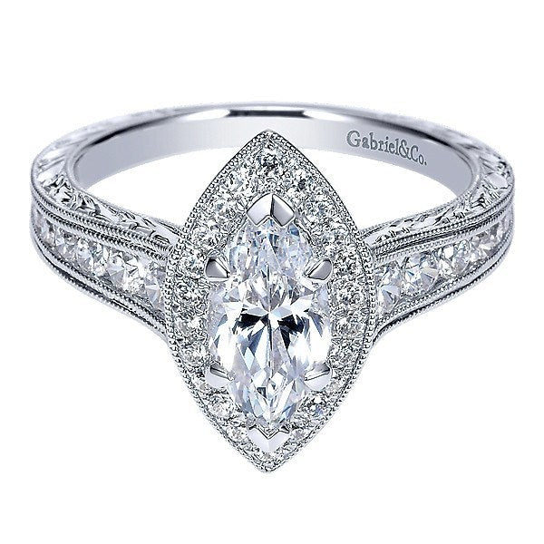 DIAMOND ENGAGEMENT RINGS - 14K White Marquise Halo Diamond Engagement Ring With Engraved Shank