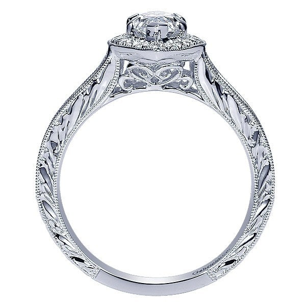 DIAMOND ENGAGEMENT RINGS - 14K White Marquise Halo Diamond Engagement Ring With Engraved Shank