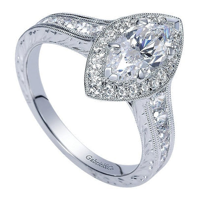 DIAMOND ENGAGEMENT RINGS - 14K White Marquise Halo Diamond Engagement Ring With Engraved Shank