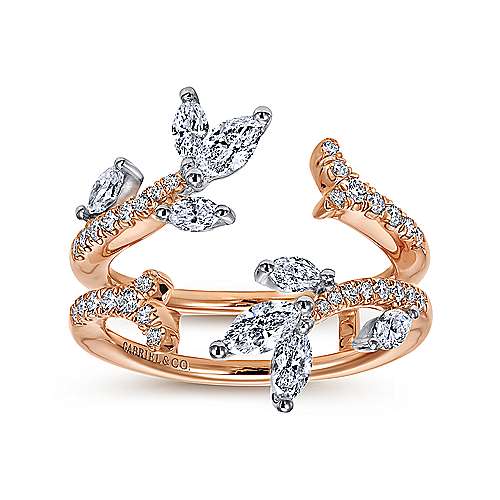 DIAMOND ENGAGEMENT RINGS - 14K White & Rose Gold 1cttw Marquise And Round Flared Style Diamond Ring Jacket Wedding Band