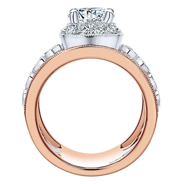 DIAMOND ENGAGEMENT RINGS - 18K Rose And White Gold Stacked Multi-Band Vintage Diamond Engagement Ring