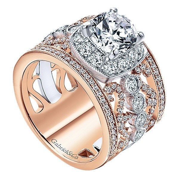 DIAMOND ENGAGEMENT RINGS - 18K Rose And White Gold Stacked Multi-Band Vintage Diamond Engagement Ring