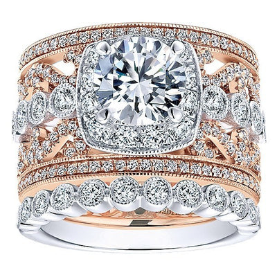 DIAMOND ENGAGEMENT RINGS - 18K Rose And White Gold Stacked Multi-Band Vintage Diamond Engagement Ring