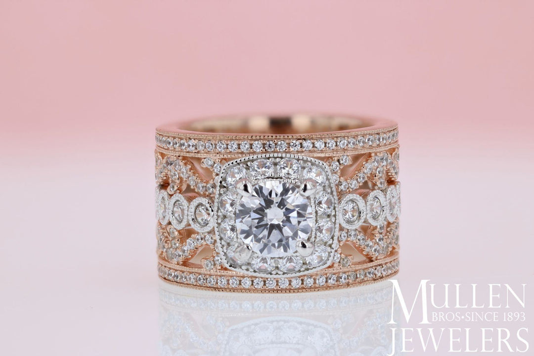 DIAMOND ENGAGEMENT RINGS - 18K Rose And White Gold Stacked Multi-Band Vintage Diamond Engagement Ring
