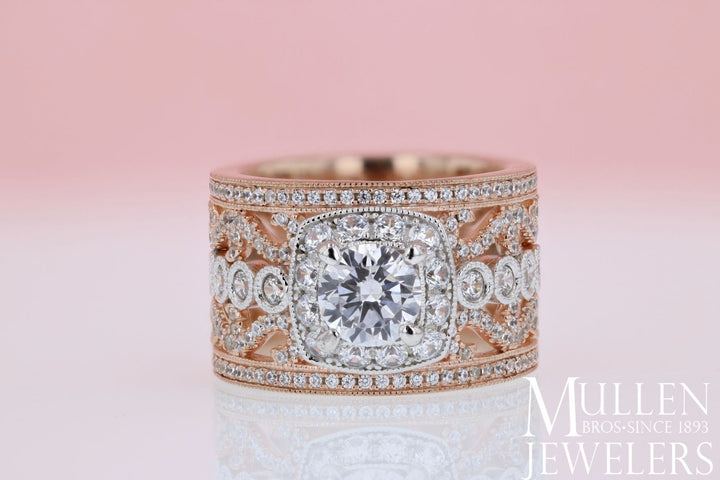 DIAMOND ENGAGEMENT RINGS - 18K Rose And White Gold Stacked Multi-Band Vintage Diamond Engagement Ring