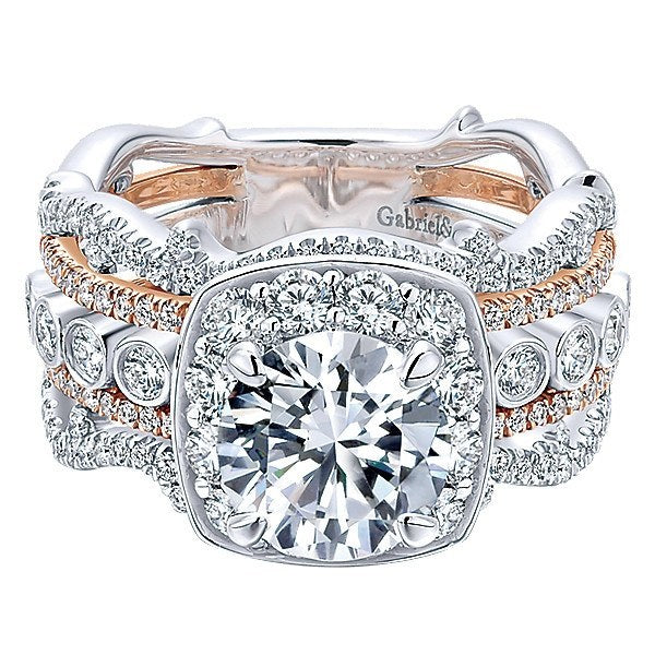 DIAMOND ENGAGEMENT RINGS - 18K Rose And White Gold Stacked Vintage 5-Band Style Diamond Engagement Ring