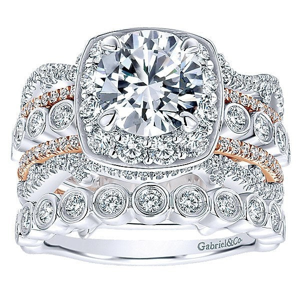 DIAMOND ENGAGEMENT RINGS - 18K Rose And White Gold Stacked Vintage 5-Band Style Diamond Engagement Ring