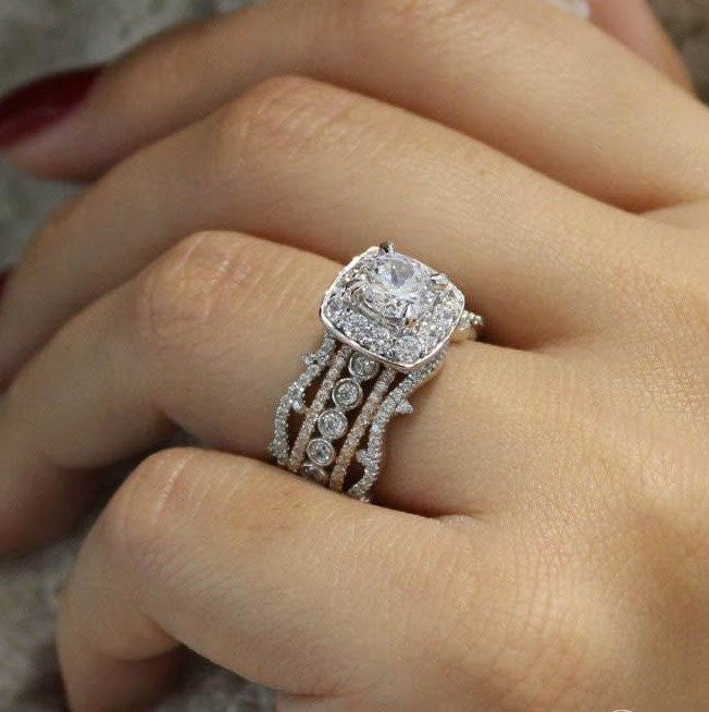 DIAMOND ENGAGEMENT RINGS - 18K Rose And White Gold Stacked Vintage 5-Band Style Diamond Engagement Ring