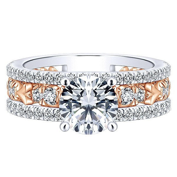 DIAMOND ENGAGEMENT RINGS - 18K Rose And White Gold Stacked Vintage Style Diamond Engagement Ring