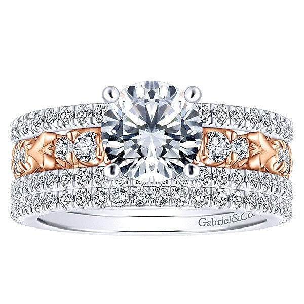 DIAMOND ENGAGEMENT RINGS - 18K Rose And White Gold Stacked Vintage Style Diamond Engagement Ring