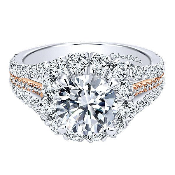 DIAMOND ENGAGEMENT RINGS - 18K Rose And White Gold Triple Shank Style Halo Diamond Engagement Ring