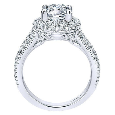 DIAMOND ENGAGEMENT RINGS - 18K Rose And White Gold Triple Shank Style Halo Diamond Engagement Ring