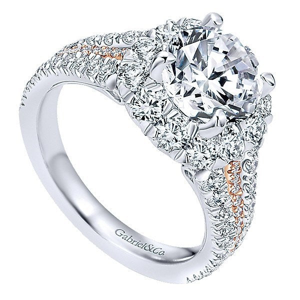 DIAMOND ENGAGEMENT RINGS - 18K Rose And White Gold Triple Shank Style Halo Diamond Engagement Ring