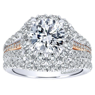 DIAMOND ENGAGEMENT RINGS - 18K Rose And White Gold Triple Shank Style Halo Diamond Engagement Ring