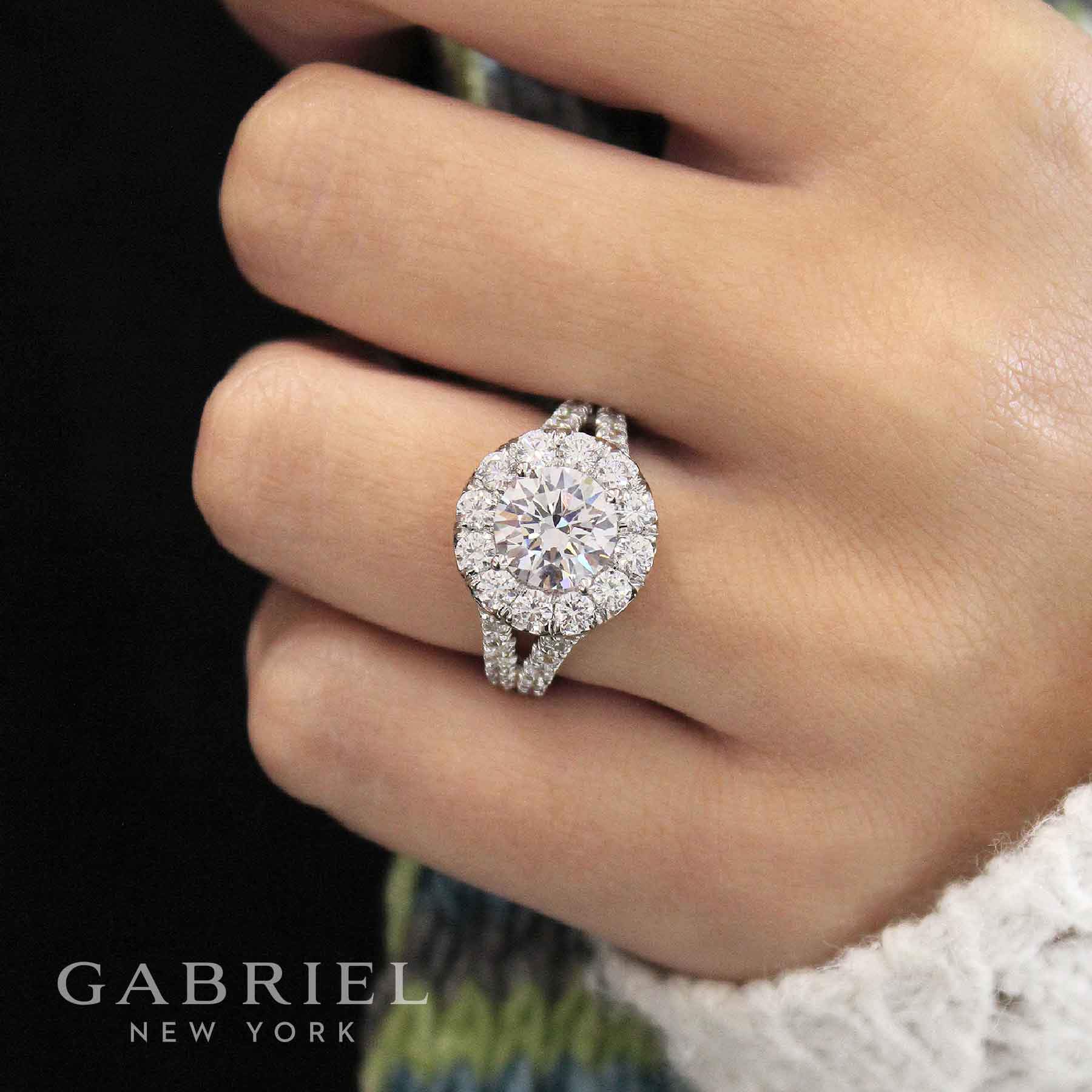 Split Rong's Ring Split Shank Halo Engagement Ring On Finger