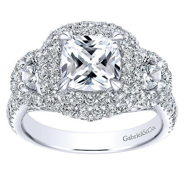 DIAMOND ENGAGEMENT RINGS - 18K White Gold Cushion Shaped Double Halo Diamond Engagement Ring