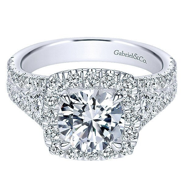 DIAMOND ENGAGEMENT RINGS - 18K White Gold Filled Split Shank Diamond Engagement Ring With Cushion Halo