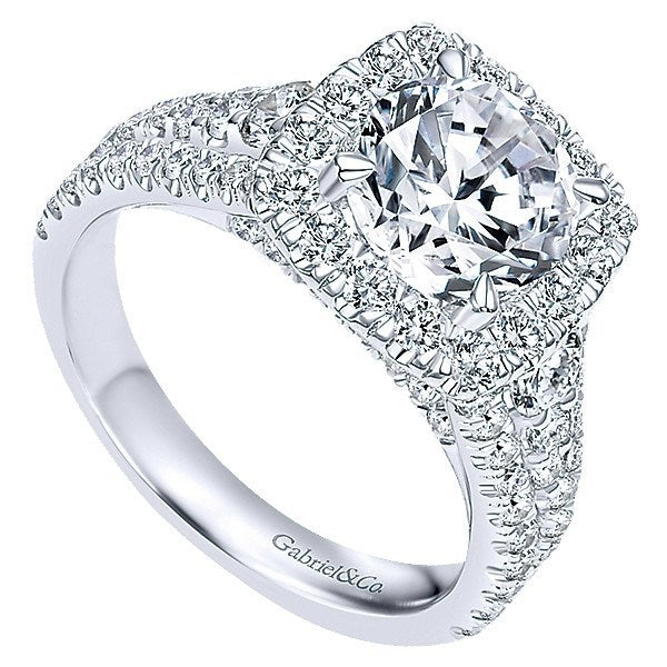 DIAMOND ENGAGEMENT RINGS - 18K White Gold Filled Split Shank Diamond Engagement Ring With Cushion Halo