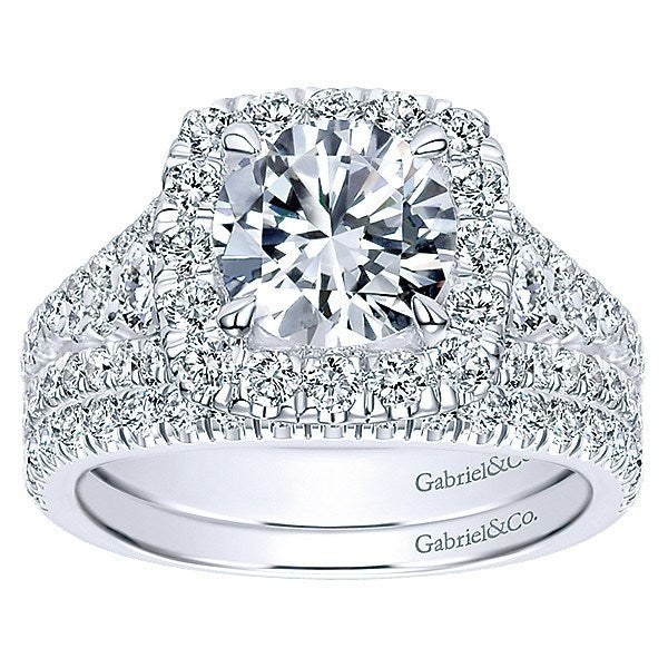 DIAMOND ENGAGEMENT RINGS - 18K White Gold Filled Split Shank Diamond Engagement Ring With Cushion Halo