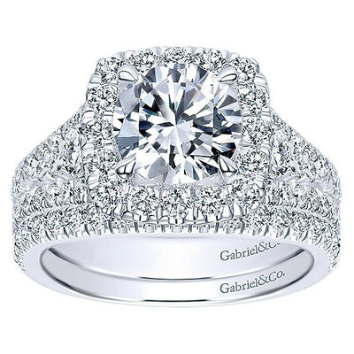 DIAMOND ENGAGEMENT RINGS - 18K White Gold Filled Split Shank Diamond Engagement Ring With Cushion Halo