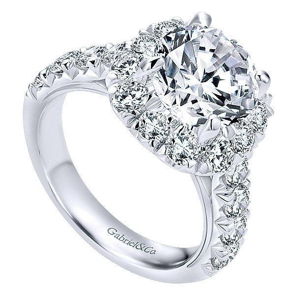 DIAMOND ENGAGEMENT RINGS - 18K White Gold French Pave Large Halo Diamond Engagement Ring