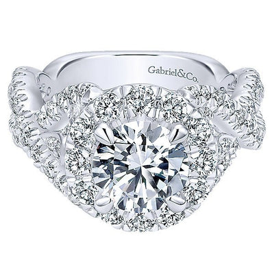 DIAMOND ENGAGEMENT RINGS - 18K White Gold Interlaced Split Shank Style Halo Diamond Engagement Ring