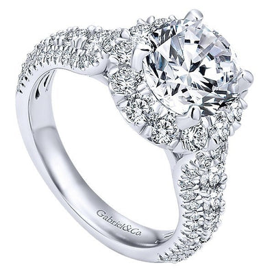 DIAMOND ENGAGEMENT RINGS - 18K White Gold Pave Multi-Row Halo Diamond Engagement Ring