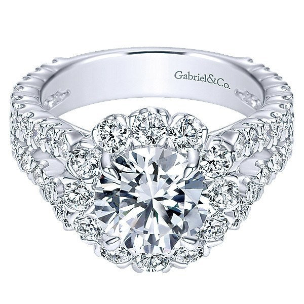 DIAMOND ENGAGEMENT RINGS - 18K White Gold Split Shank Floral Halo Diamond Engagement Ring
