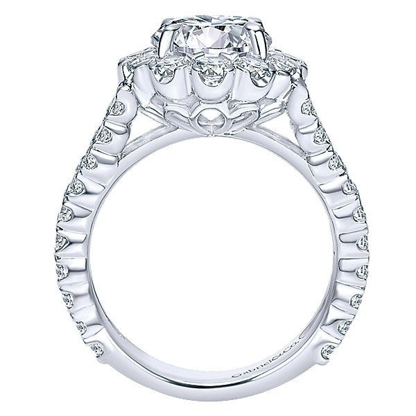 DIAMOND ENGAGEMENT RINGS - 18K White Gold Split Shank Floral Halo Diamond Engagement Ring