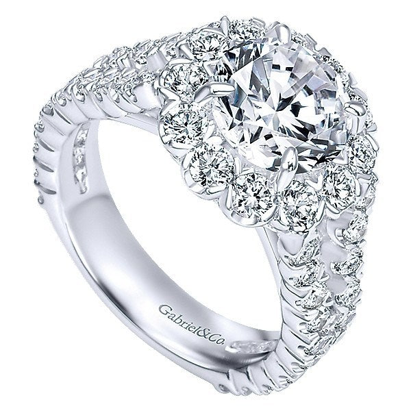 DIAMOND ENGAGEMENT RINGS - 18K White Gold Split Shank Floral Halo Diamond Engagement Ring