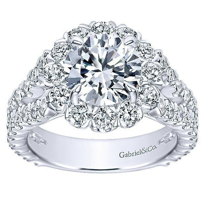 DIAMOND ENGAGEMENT RINGS - 18K White Gold Split Shank Floral Halo Diamond Engagement Ring