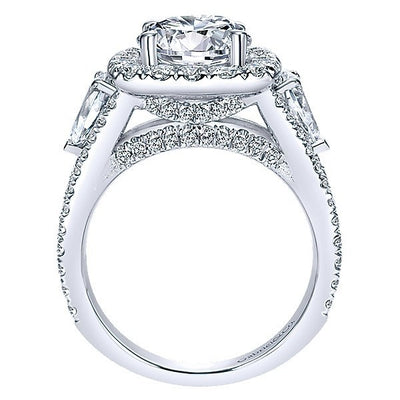 DIAMOND ENGAGEMENT RINGS - 18K White Gold Split Shank Halo Diamond Engagement Ring With Pear Shaped Sides